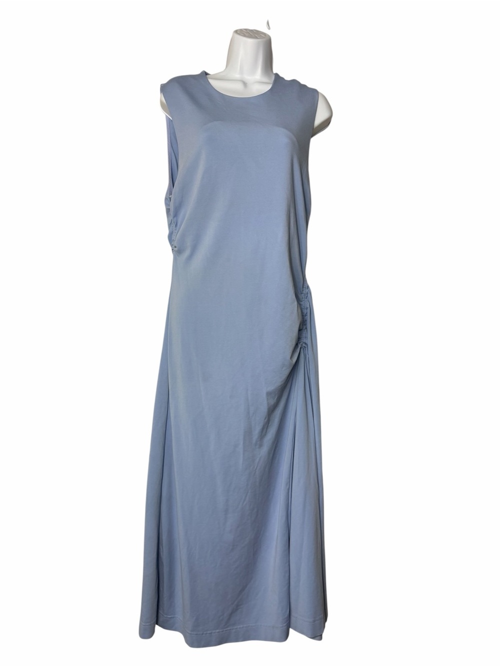 COS Midi Jersey Cinch Waist Gathered Dress Size Large Minimalist Blue Sleeveless - Picture 2 of 9